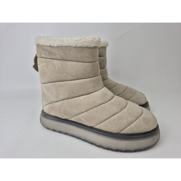 Moncler Women's Grey Hermosa Shearling Snow Pull On Ankle Boots Size 37.5 - Picture 1 of 7